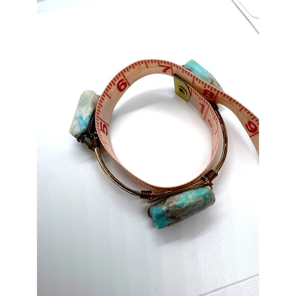 Handcrafted Gold Wire Bangle Bracelet With Natural Amazonite Stones & "H.D." Tag - Picture 7 of 7